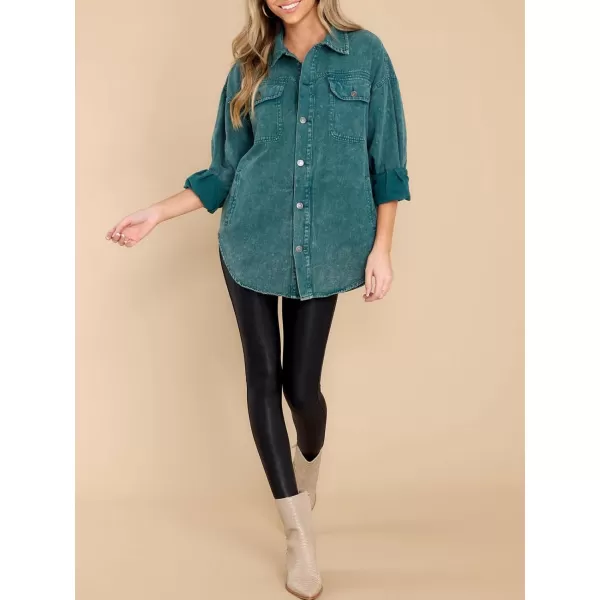 chouyatou Womens Oversized Shacket Jacket Long Sleeve Button Down Washed Denim Jean ShirtGreen