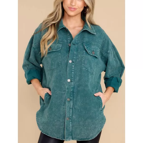 chouyatou Womens Oversized Shacket Jacket Long Sleeve Button Down Washed Denim Jean ShirtGreen
