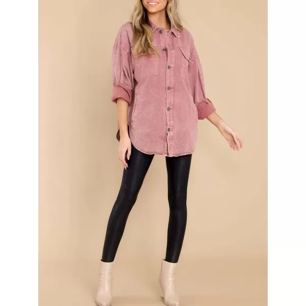 chouyatou Womens Oversized Shacket Jacket Long Sleeve Button Down Washed Denim Jean ShirtPink