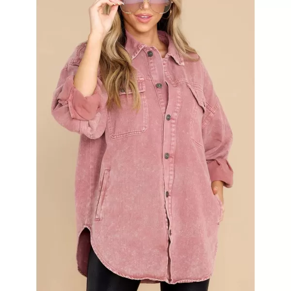 chouyatou Womens Oversized Shacket Jacket Long Sleeve Button Down Washed Denim Jean ShirtPink