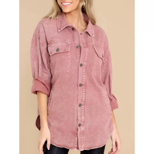 chouyatou Womens Oversized Shacket Jacket Long Sleeve Button Down Washed Denim Jean ShirtPink