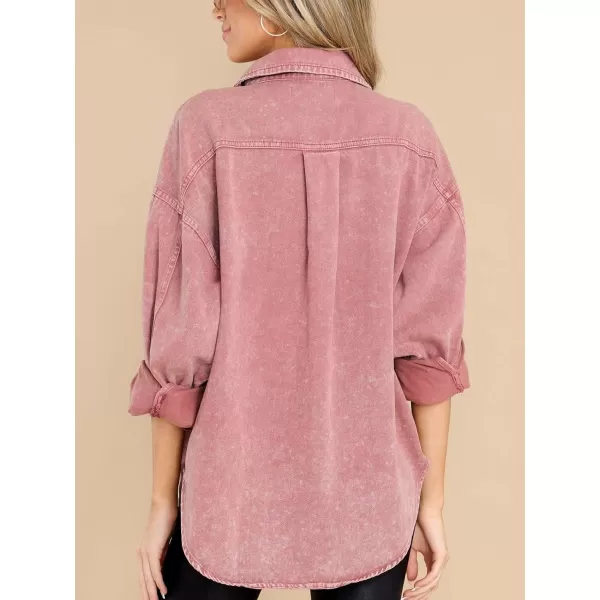 chouyatou Womens Oversized Shacket Jacket Long Sleeve Button Down Washed Denim Jean ShirtPink