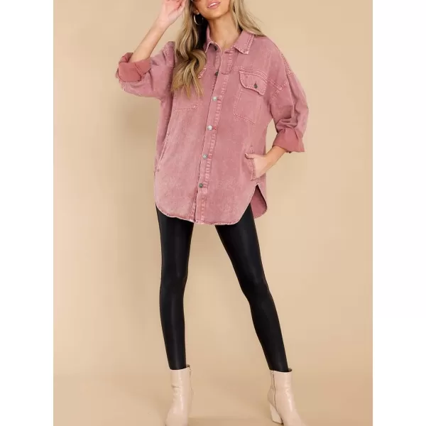 chouyatou Womens Oversized Shacket Jacket Long Sleeve Button Down Washed Denim Jean ShirtPink