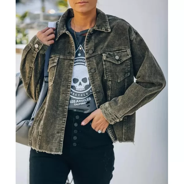 chouyatou Womens Retro Long Sleeve Button Front Raw Hemline Loose Distressed Corduroy Outerwear Shacket JacketArmy Green