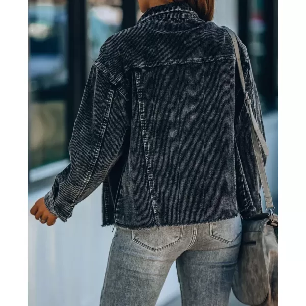 chouyatou Womens Retro Long Sleeve Button Front Raw Hemline Loose Distressed Corduroy Outerwear Shacket JacketBlack