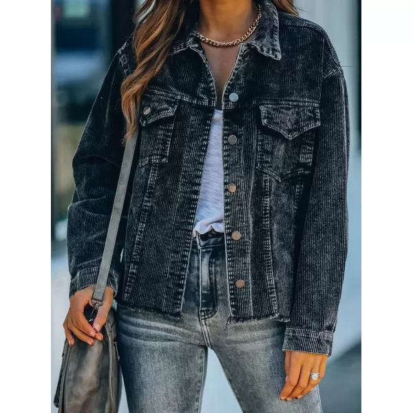 chouyatou Womens Retro Long Sleeve Button Front Raw Hemline Loose Distressed Corduroy Outerwear Shacket JacketBlack