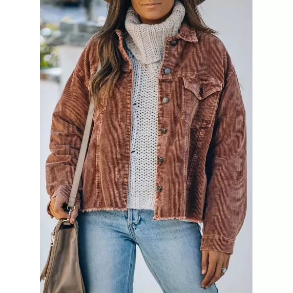 chouyatou Womens Retro Long Sleeve Button Front Raw Hemline Loose Distressed Corduroy Outerwear Shacket JacketBrown