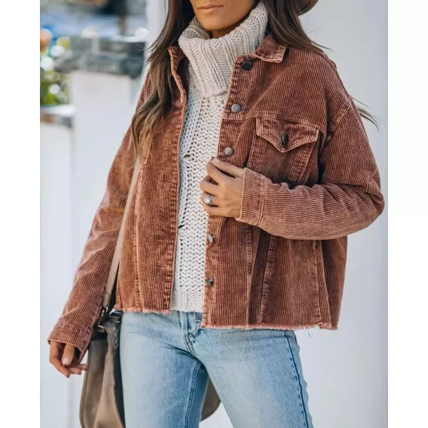 chouyatou Womens Retro Long Sleeve Button Front Raw Hemline Loose Distressed Corduroy Outerwear Shacket JacketBrown