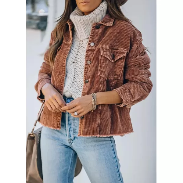 chouyatou Womens Retro Long Sleeve Button Front Raw Hemline Loose Distressed Corduroy Outerwear Shacket JacketBrown