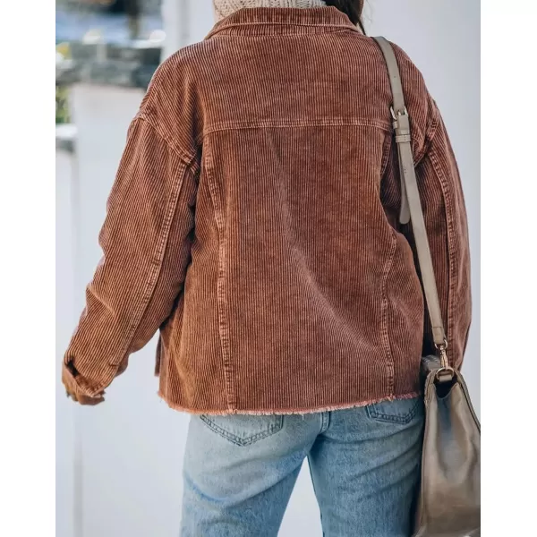 chouyatou Womens Retro Long Sleeve Button Front Raw Hemline Loose Distressed Corduroy Outerwear Shacket JacketBrown
