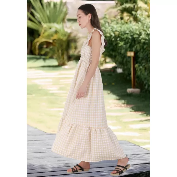 chouyatou Womens Retro Plaid Smocked Dress Spaghetti Strap Flounce Long DressKhaki