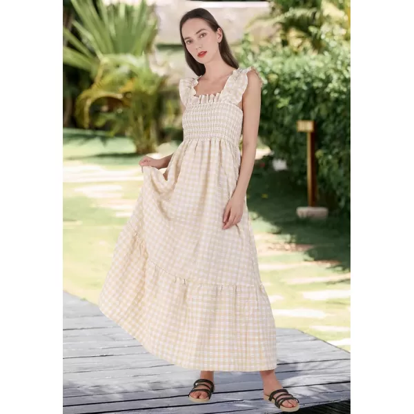 chouyatou Womens Retro Plaid Smocked Dress Spaghetti Strap Flounce Long DressKhaki