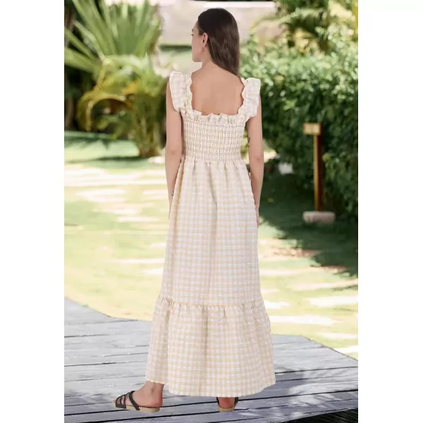 chouyatou Womens Retro Plaid Smocked Dress Spaghetti Strap Flounce Long DressKhaki