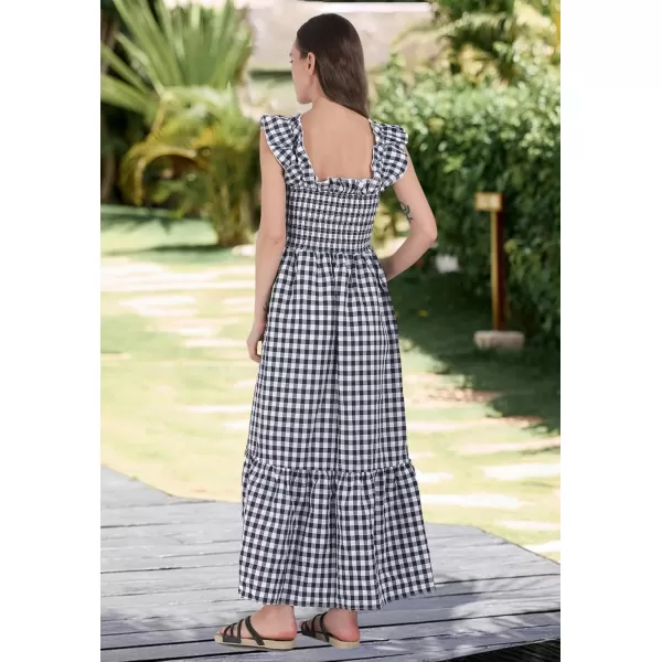 chouyatou Womens Retro Plaid Smocked Dress Spaghetti Strap Flounce Long DressNavy Black