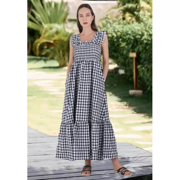 chouyatou Womens Retro Plaid Smocked Dress Spaghetti Strap Flounce Long DressNavy Black