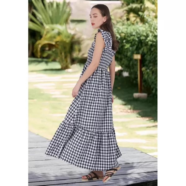 chouyatou Womens Retro Plaid Smocked Dress Spaghetti Strap Flounce Long DressNavy Black