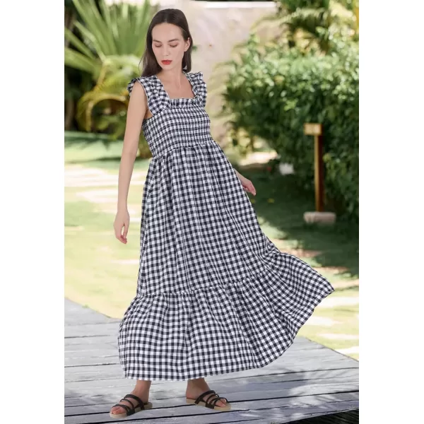 chouyatou Womens Retro Plaid Smocked Dress Spaghetti Strap Flounce Long DressNavy Black