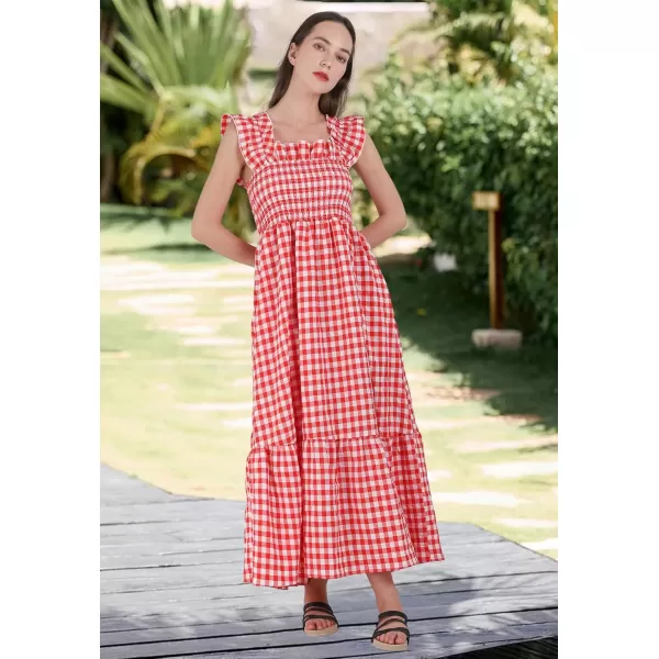 chouyatou Womens Retro Plaid Smocked Dress Spaghetti Strap Flounce Long DressRed