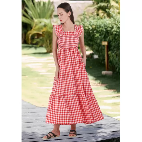 chouyatou Womens Retro Plaid Smocked Dress Spaghetti Strap Flounce Long DressRed