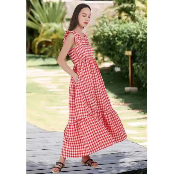 chouyatou Womens Retro Plaid Smocked Dress Spaghetti Strap Flounce Long DressRed