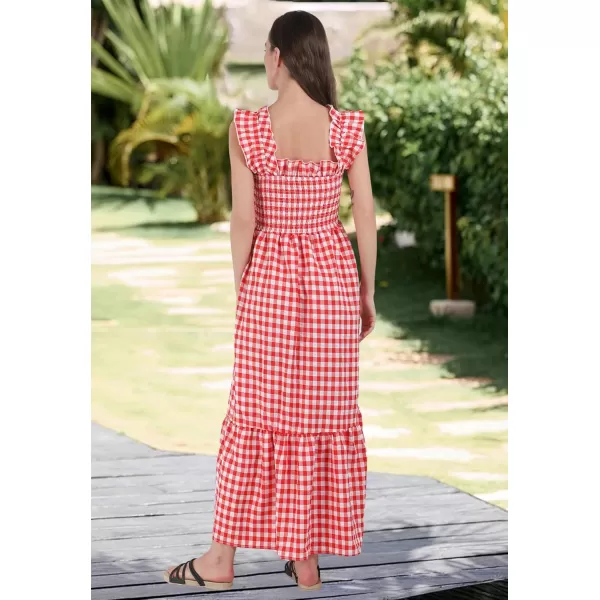chouyatou Womens Retro Plaid Smocked Dress Spaghetti Strap Flounce Long DressRed