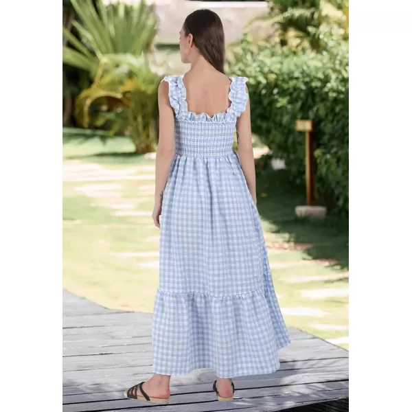 chouyatou Womens Retro Plaid Smocked Dress Spaghetti Strap Flounce Long DressSky Blue