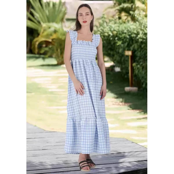 chouyatou Womens Retro Plaid Smocked Dress Spaghetti Strap Flounce Long DressSky Blue