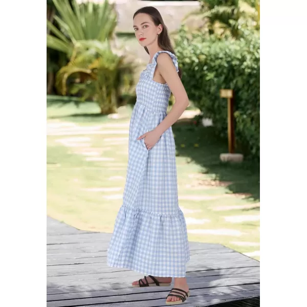 chouyatou Womens Retro Plaid Smocked Dress Spaghetti Strap Flounce Long DressSky Blue