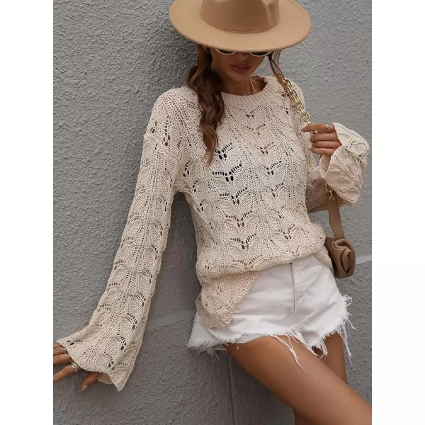 chouyatou Womens Spring Bell Sleeve Crochet Sweater Boho Hollow Out Pullover Sweater Tops BlouseApricot
