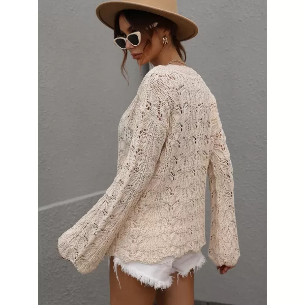 chouyatou Womens Spring Bell Sleeve Crochet Sweater Boho Hollow Out Pullover Sweater Tops BlouseApricot