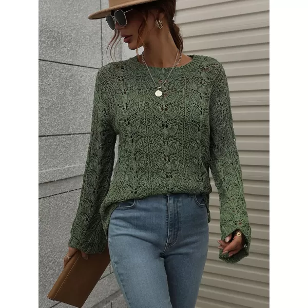 chouyatou Womens Spring Bell Sleeve Crochet Sweater Boho Hollow Out Pullover Sweater Tops BlouseArmy Green
