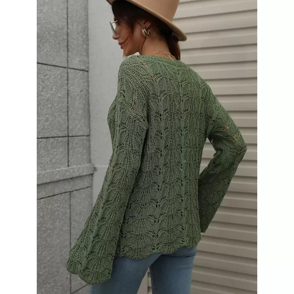 chouyatou Womens Spring Bell Sleeve Crochet Sweater Boho Hollow Out Pullover Sweater Tops BlouseArmy Green
