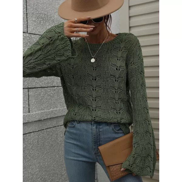 chouyatou Womens Spring Bell Sleeve Crochet Sweater Boho Hollow Out Pullover Sweater Tops BlouseArmy Green