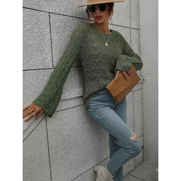 chouyatou Womens Spring Bell Sleeve Crochet Sweater Boho Hollow Out Pullover Sweater Tops BlouseArmy Green