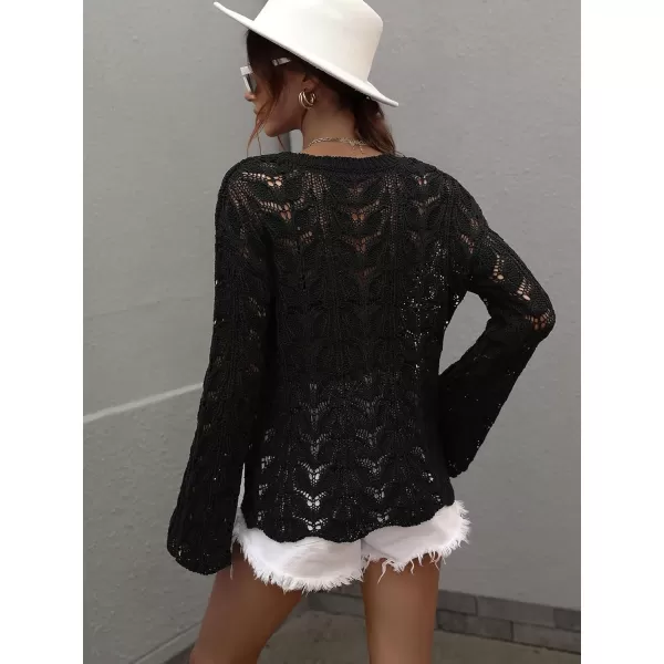 chouyatou Womens Spring Bell Sleeve Crochet Sweater Boho Hollow Out Pullover Sweater Tops BlouseBlack