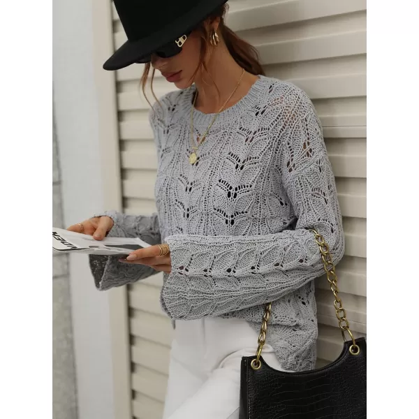 chouyatou Womens Spring Bell Sleeve Crochet Sweater Boho Hollow Out Pullover Sweater Tops BlouseGrey