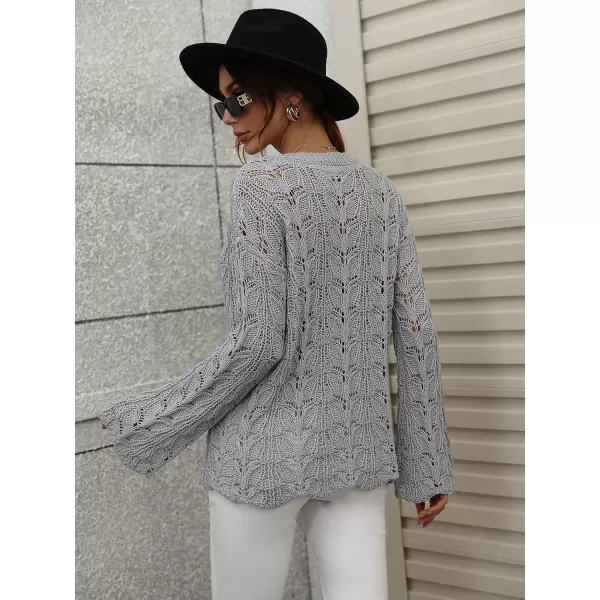 chouyatou Womens Spring Bell Sleeve Crochet Sweater Boho Hollow Out Pullover Sweater Tops BlouseGrey