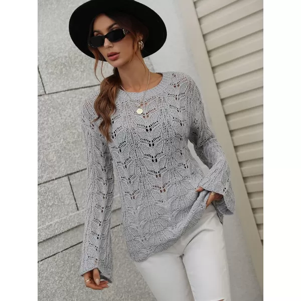 chouyatou Womens Spring Bell Sleeve Crochet Sweater Boho Hollow Out Pullover Sweater Tops BlouseGrey
