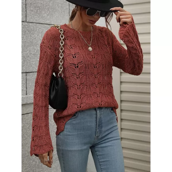 chouyatou Womens Spring Bell Sleeve Crochet Sweater Boho Hollow Out Pullover Sweater Tops BlouseRust Red