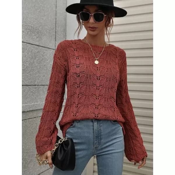 chouyatou Womens Spring Bell Sleeve Crochet Sweater Boho Hollow Out Pullover Sweater Tops BlouseRust Red