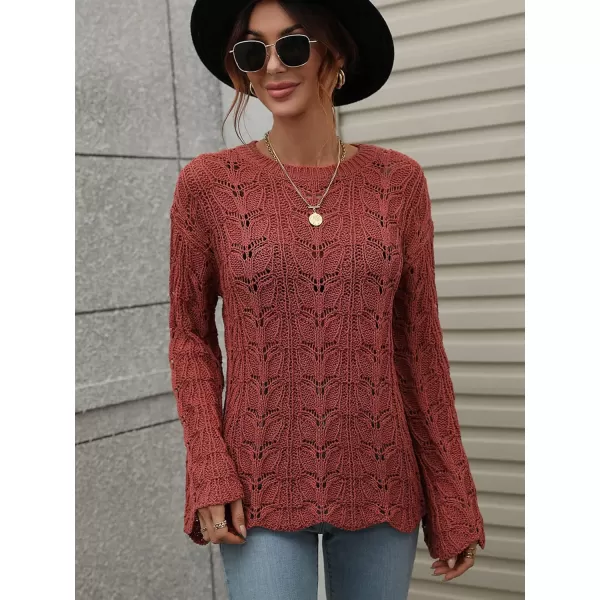 chouyatou Womens Spring Bell Sleeve Crochet Sweater Boho Hollow Out Pullover Sweater Tops BlouseRust Red