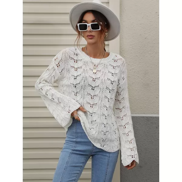 chouyatou Womens Spring Bell Sleeve Crochet Sweater Boho Hollow Out Pullover Sweater Tops BlouseWhite