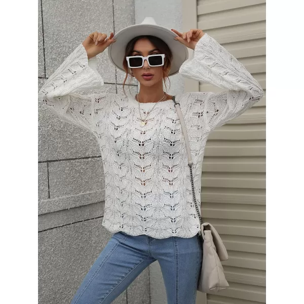 chouyatou Womens Spring Bell Sleeve Crochet Sweater Boho Hollow Out Pullover Sweater Tops BlouseWhite