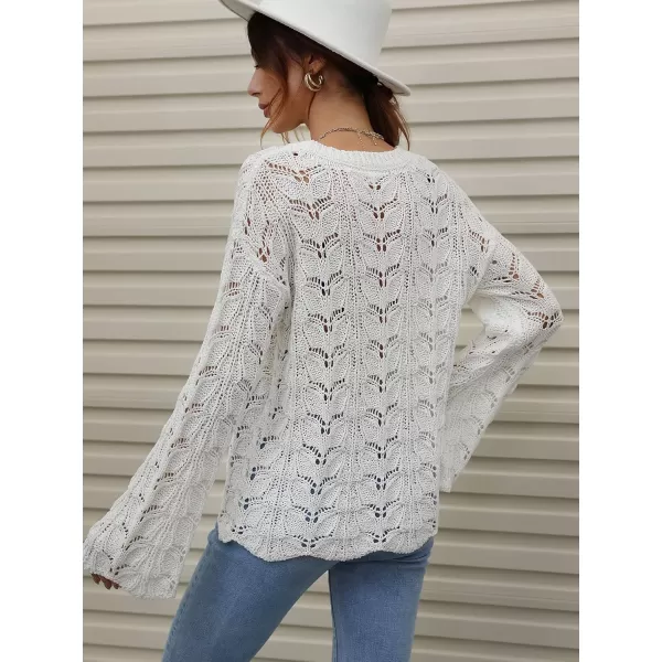 chouyatou Womens Spring Bell Sleeve Crochet Sweater Boho Hollow Out Pullover Sweater Tops BlouseWhite