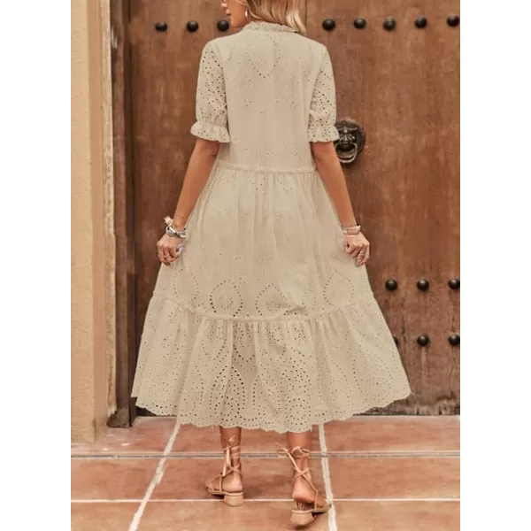 chouyatou Womens Summer Boho Embroidery Eyelet Dress VNeck Collared Tiered Midi Tunic DressKhaki