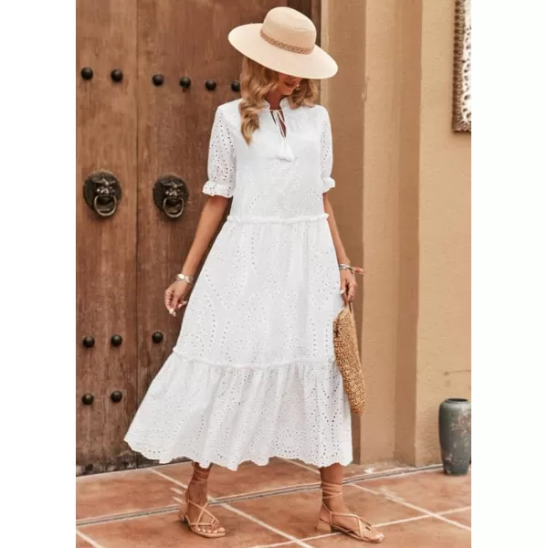 chouyatou Womens Summer Boho Embroidery Eyelet Dress VNeck Collared Tiered Midi Tunic DressWhite