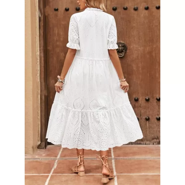 chouyatou Womens Summer Boho Embroidery Eyelet Dress VNeck Collared Tiered Midi Tunic DressWhite