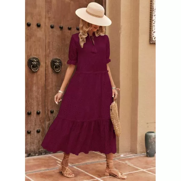 chouyatou Womens Summer Boho Embroidery Eyelet Dress VNeck Collared Tiered Midi Tunic DressWine Red