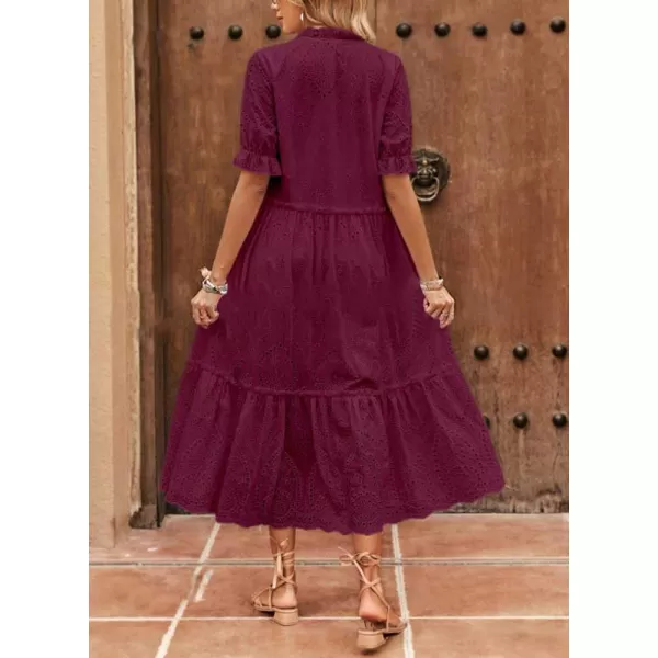 chouyatou Womens Summer Boho Embroidery Eyelet Dress VNeck Collared Tiered Midi Tunic DressWine Red