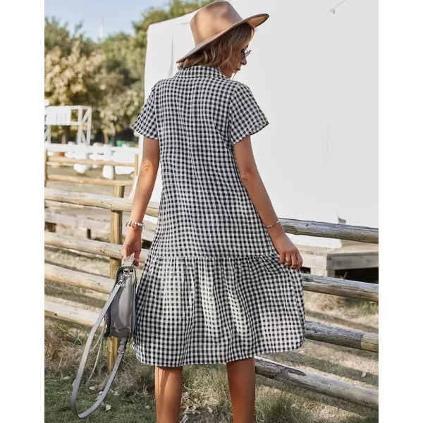 chouyatou Womens Summer Flutter Sleeve Midi Long Gingham Dress Plaid Button Down Shirt DressBlack
